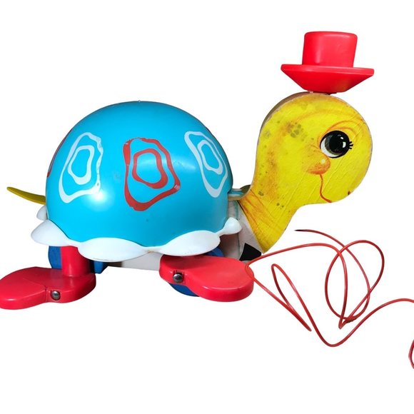 Vintage 1962 Fisher Price Tippy Toe Turtle #773 PULL TOY Rare RED Hat Style Hard
